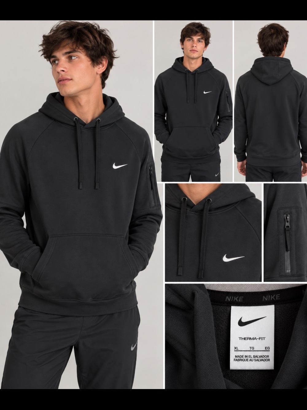 Nike Therma-FIT Men’s XL Black Pullover Hoodie White Swoosh